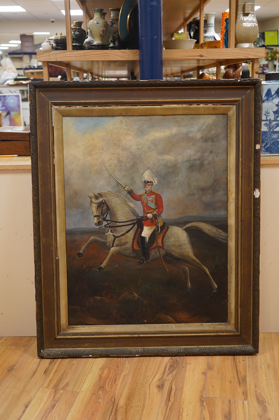 J. M. Thompson, oil on canvas, Soldier on horseback, signed, 90 x 70cm. Condition - poor